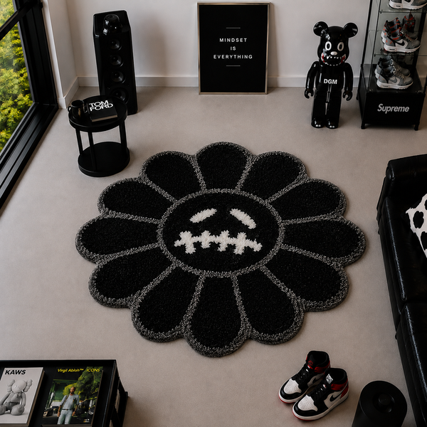 Midnight Bloom Rug – black flower tufted rug with stitched face, top-down in a streetwear room