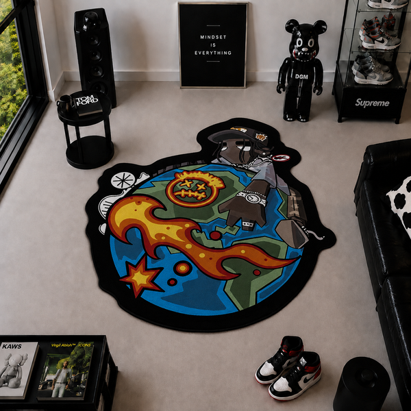 A cartoon-style round rug featuring a dog character riding a globe with flames and stars, styled in a modern living room setting.