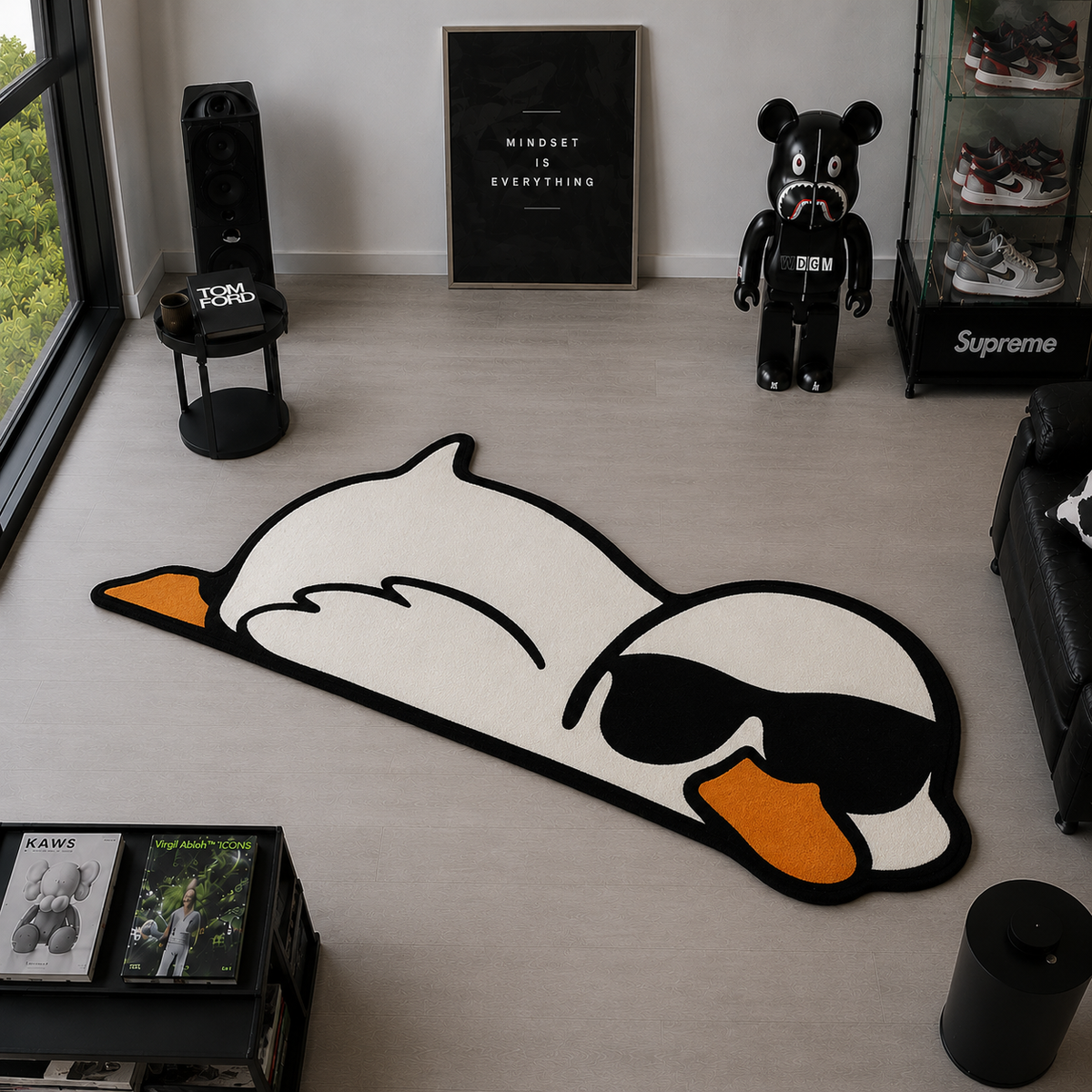 Duck'd Out Rug – white duck in black sunglasses tufted runner rug, top-down in a streetwear room