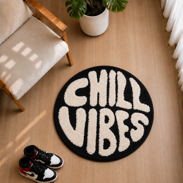 Round Chill Vibes tufted rug on a light oak wood floor