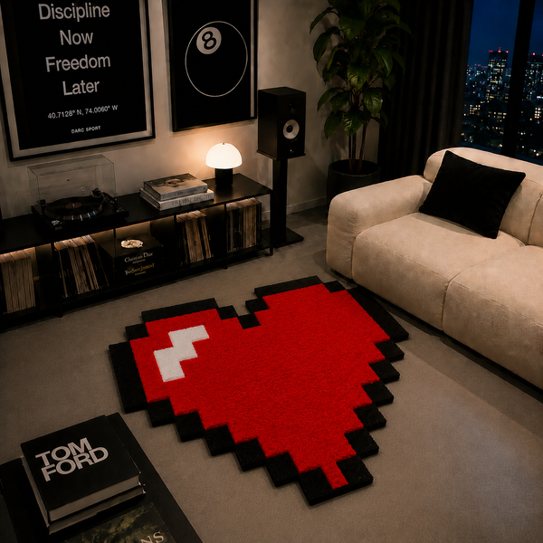 Red pixel heart rug in a living room beside a cream sofa