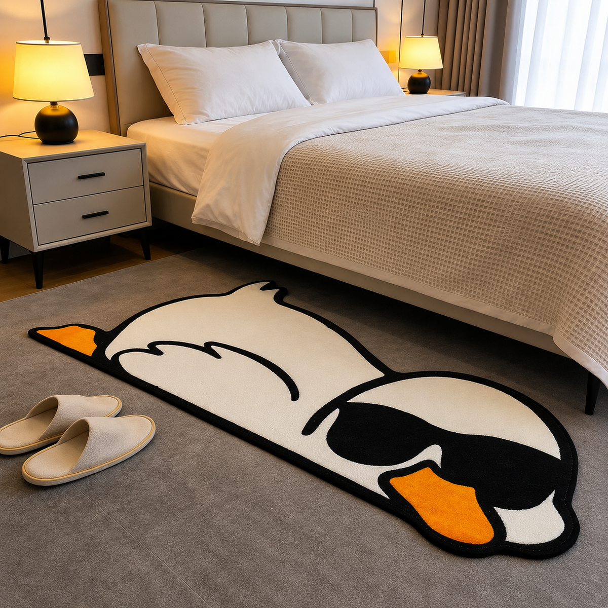 Duck'd Out duck character rug beside a bed in a modern bedroom